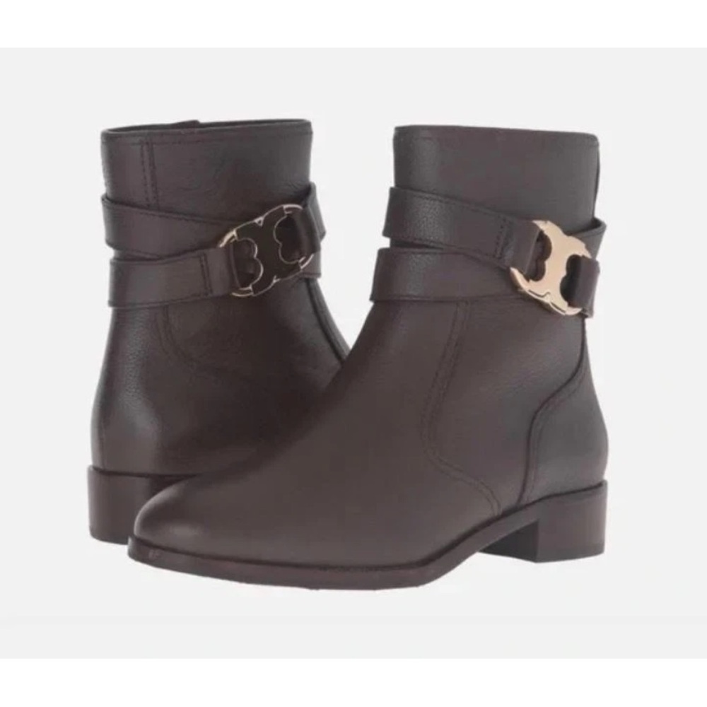 Tori Burch Gemini Link Chocolate Brown Leather Ankle Boots, 1.25” Heel, 6.5 M